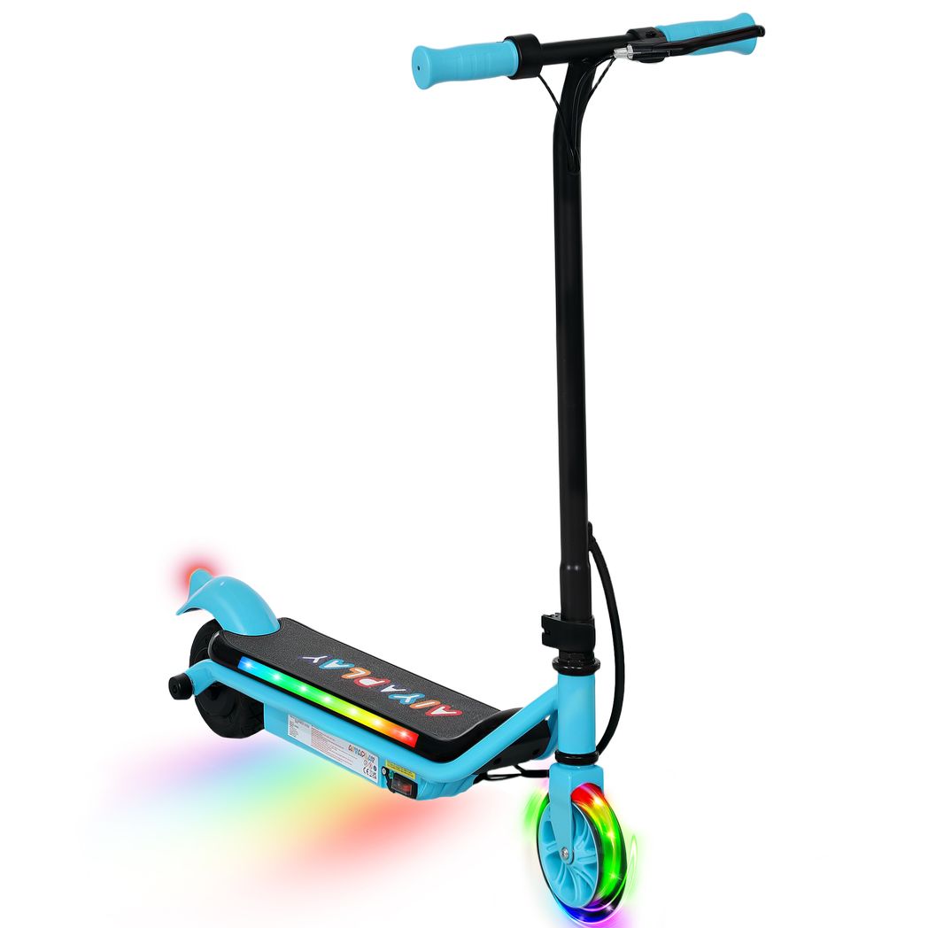 Kids electric scooter with light blue frame, black handlebar, and colorful LED wheel lights