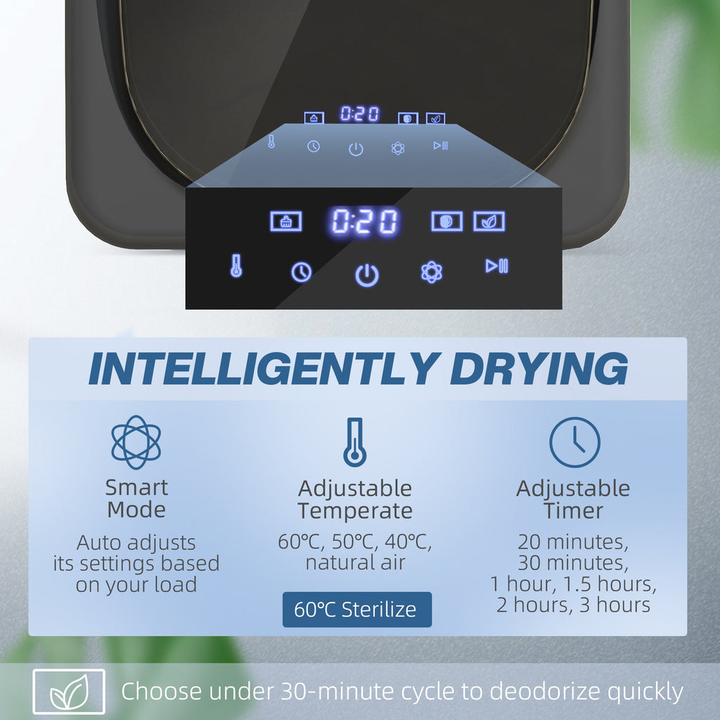 Grey tumble dryer control panel with glowing icons and digital timer display
