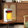 White ceramic electric space heater with window flame effect and front grille on stand