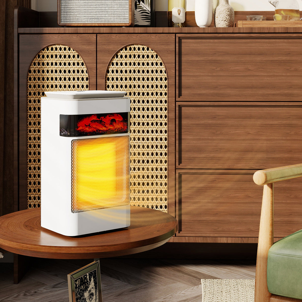 White ceramic electric space heater with window flame effect and front grille on stand