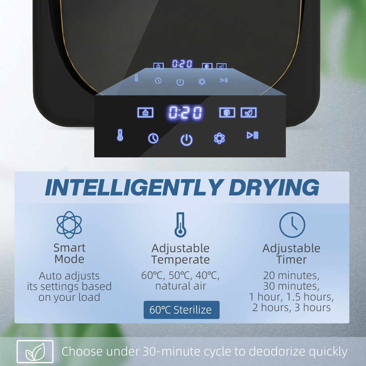 Compact tumble dryer control panel with digital display and program icons