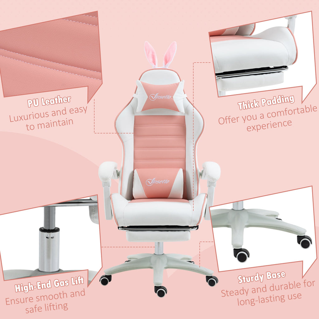 Pink-and-white gaming chair with bunny-ear headrest, thick padding, and gas-lift base