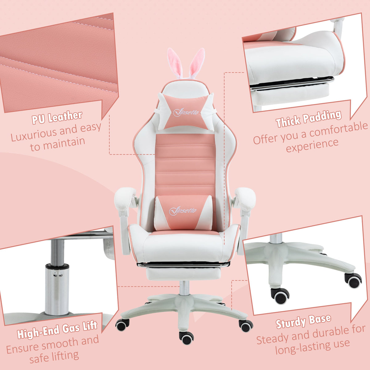 Pink-and-white gaming chair with bunny-ear headrest, thick padding, and gas-lift base
