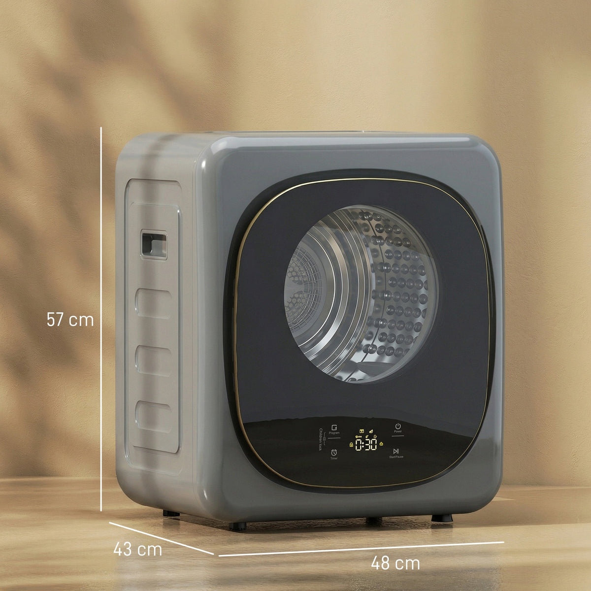 Compact grey front vented tumble dryer with circular drum window and control buttons.