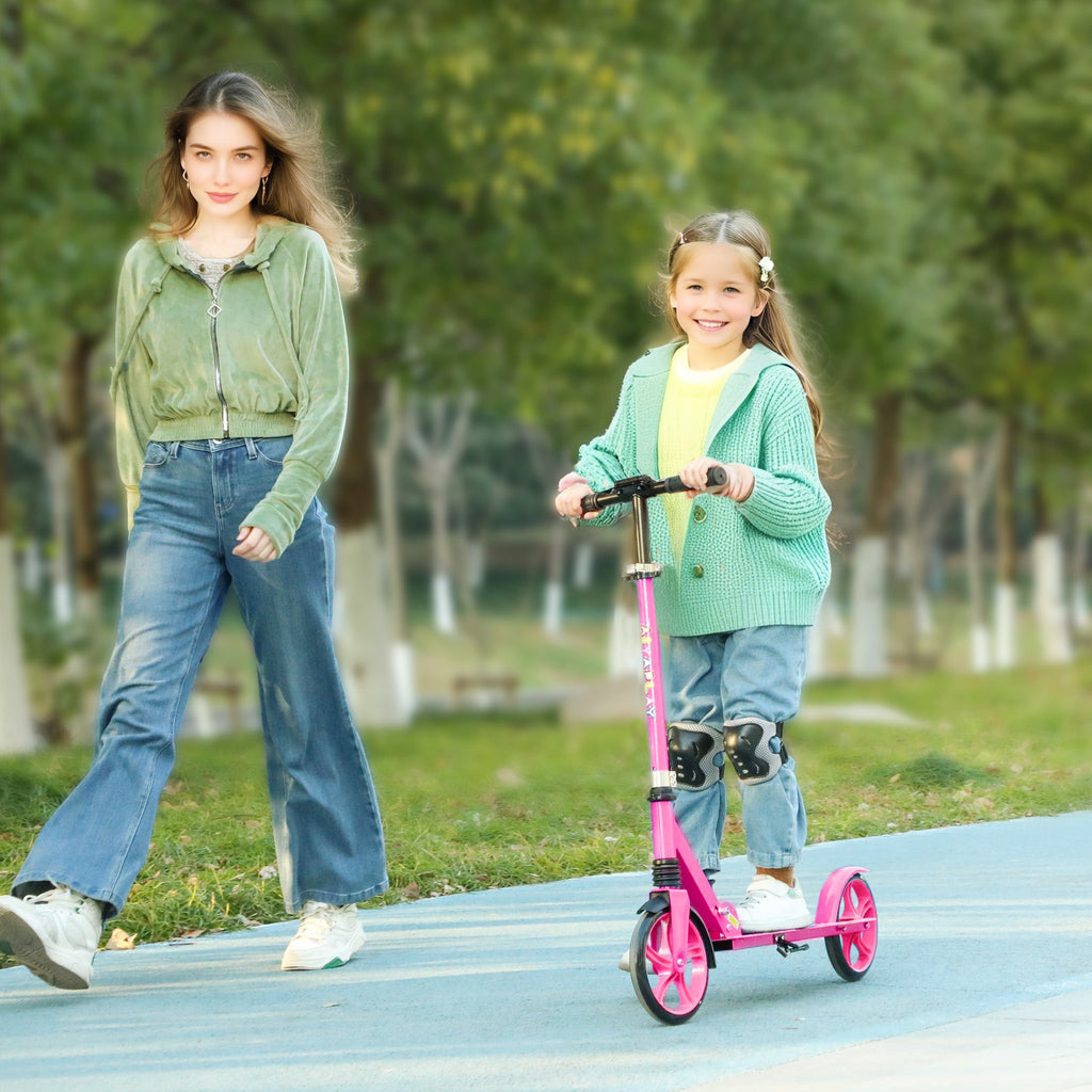 Pink kids foldable kick scooter with adjustable handlebar and three wheels