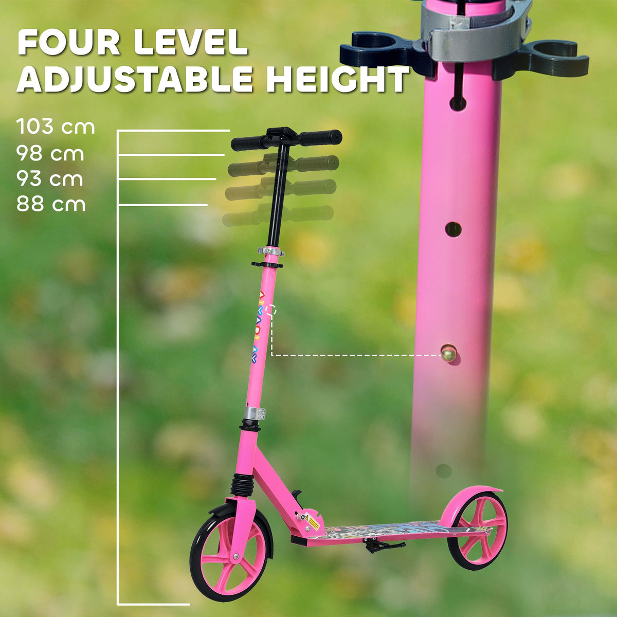 Pink scooter frame with adjustable handlebar height and front steering stem