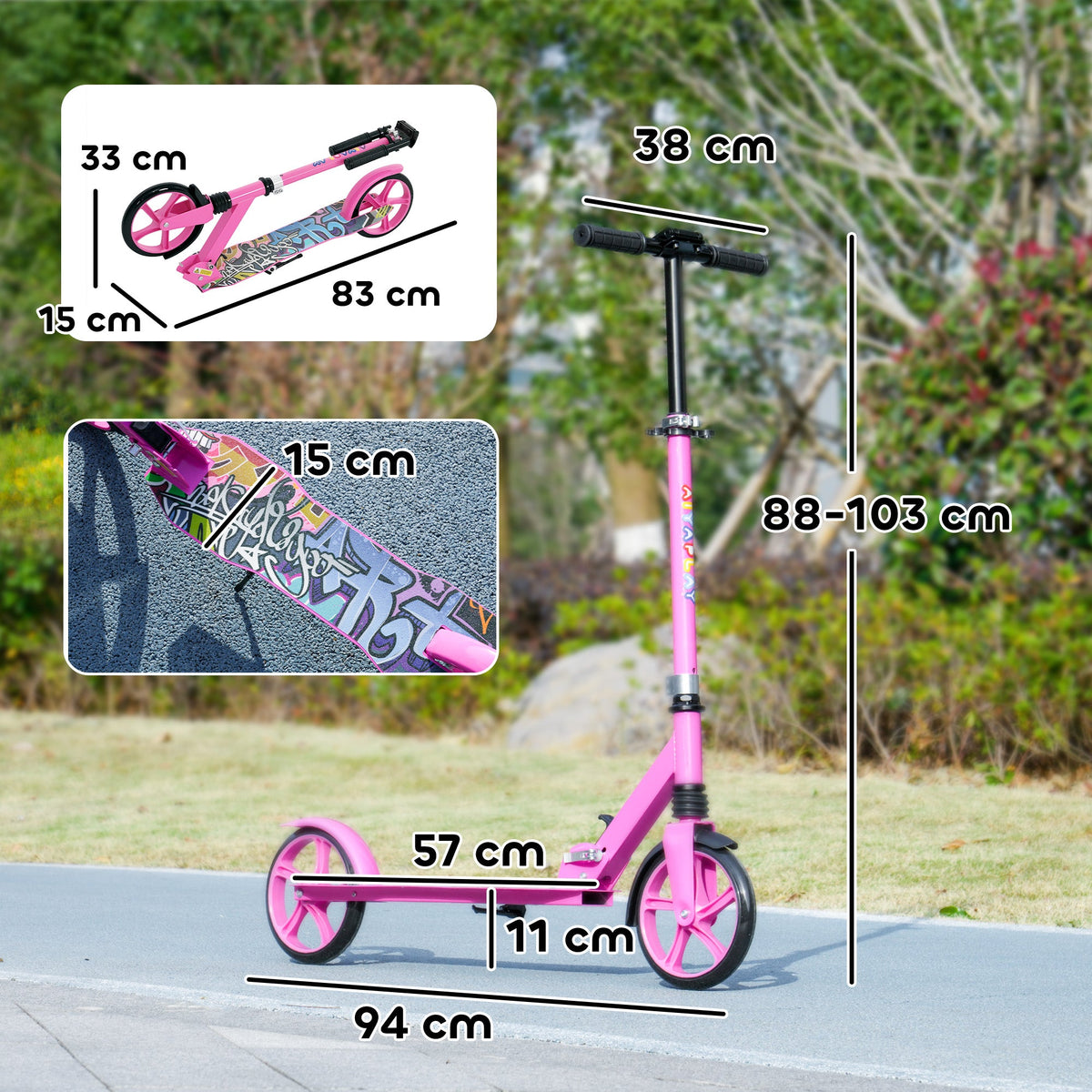 Pink kids foldable kick scooter with printed deck, front and rear wheels