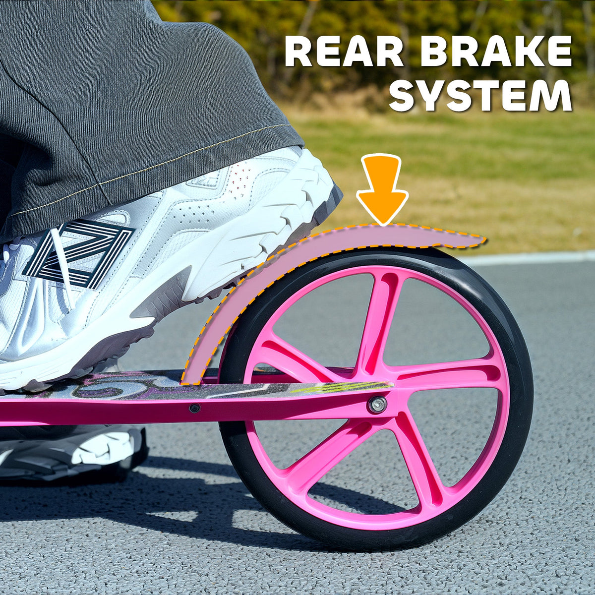 Pink rear wheel with rear brake on kick scooter