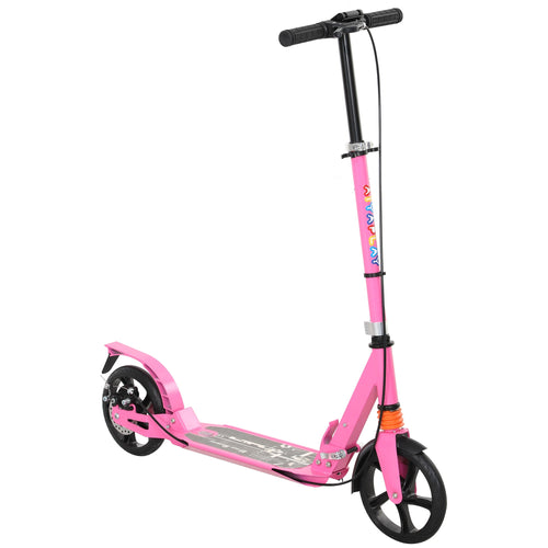 Pink kids foldable kick scooter with black handlebar and front wheel