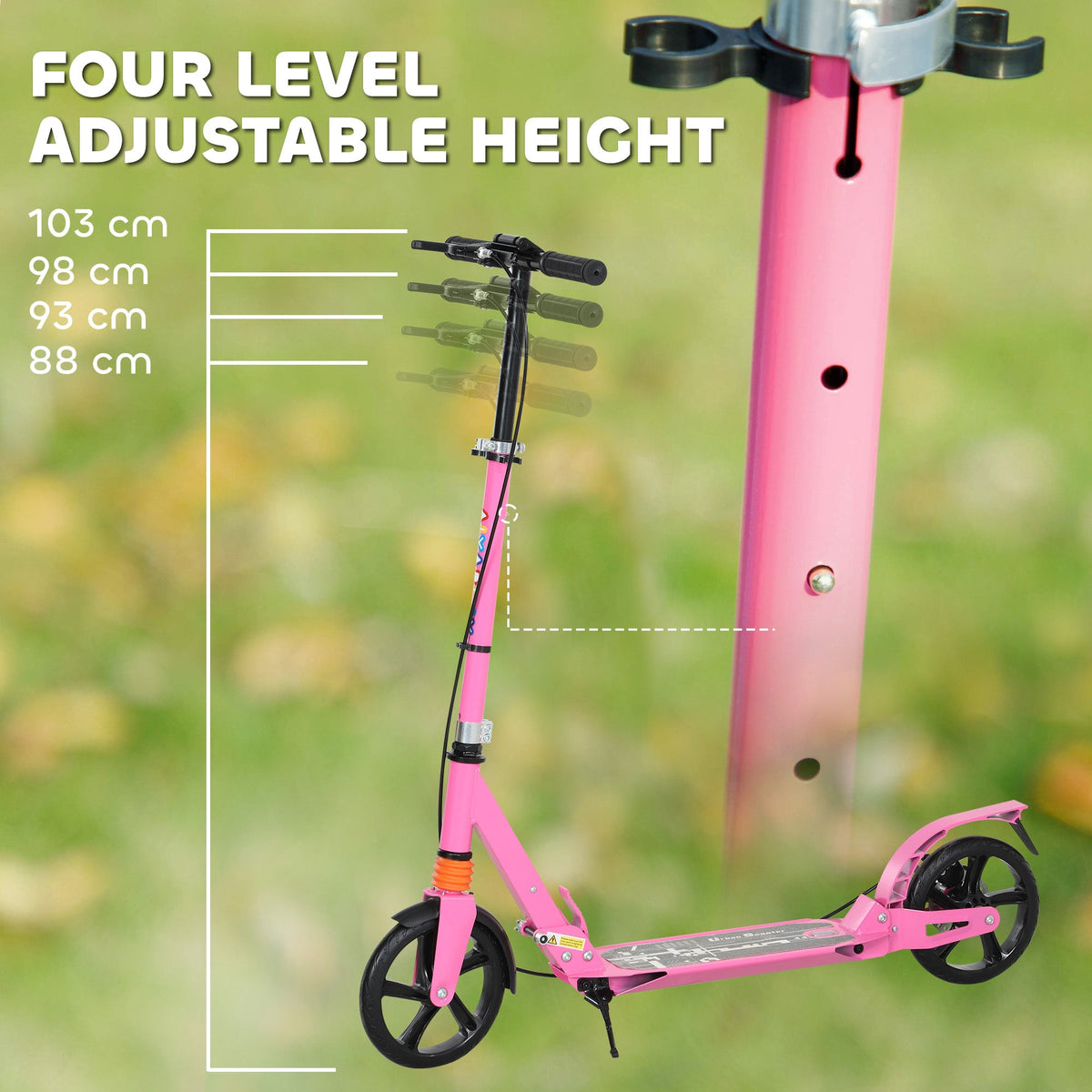 Pink kids kick scooter side view with four-level adjustable height markings