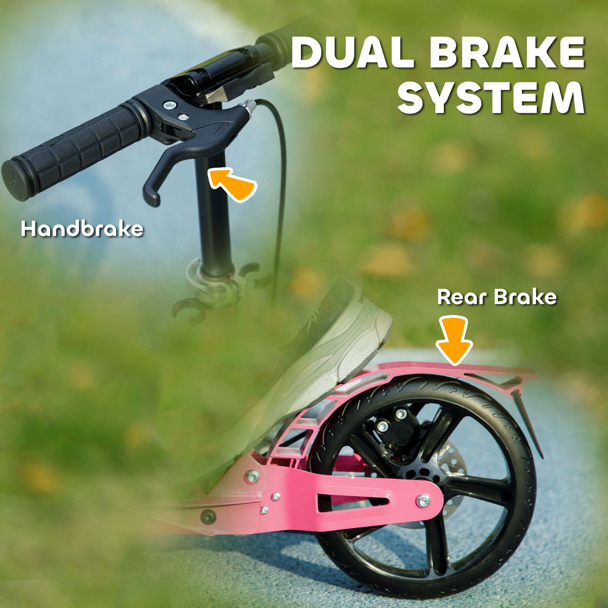 Pink kids kick scooter with dual brake system, rear wheel and handle close-up
