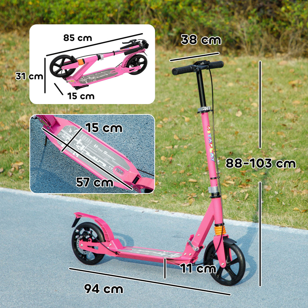 Pink kids foldable kick scooter with black deck and front wheel