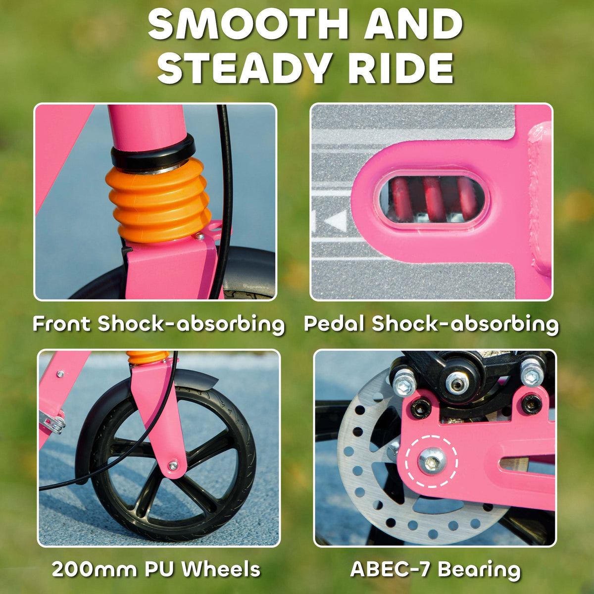 Pink kids scooter showing front shock absorber and spring-loaded pedal
