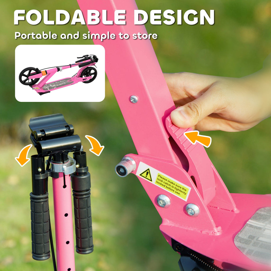 Pink foldable kick scooter with adjustable stem and folding mechanism