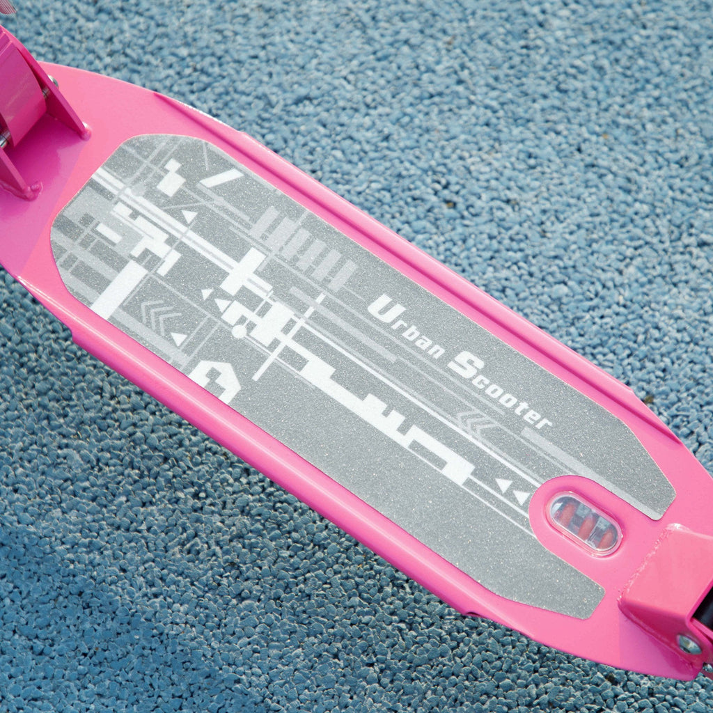 Pink scooter deck with grip surface and small rectangular front light