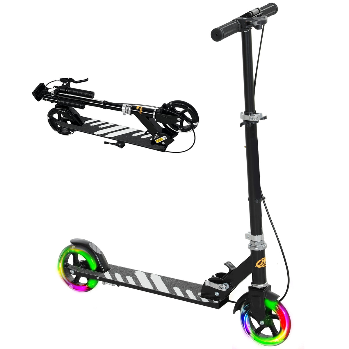 Kids folding kick scooter in black with rainbow wheels and adjustable handle
