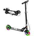 Black kids folding kick scooter with striped deck and rainbow front wheel