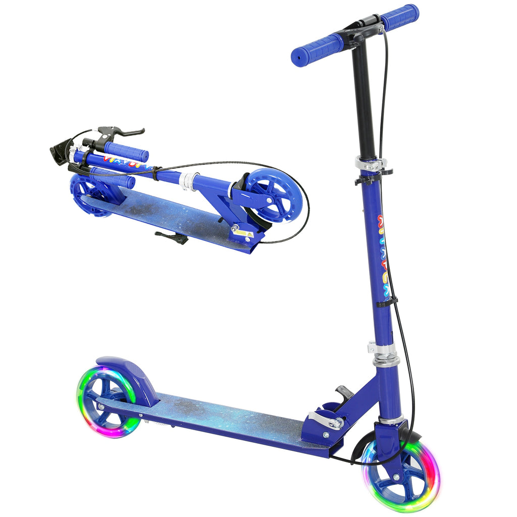Kids folding kick scooter in blue with black handlebar and colorful light-up wheels