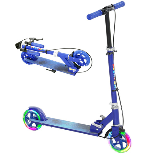 Kids folding kick scooter in blue with black handlebar and colorful light-up wheels