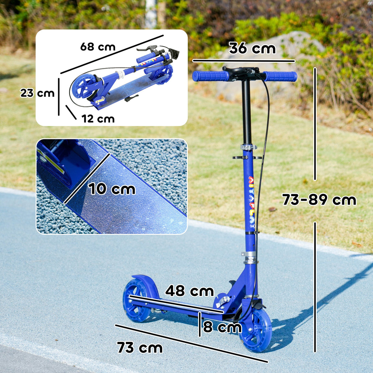 Blue kids folding kick scooter with size guide showing deck and wheel dimensions