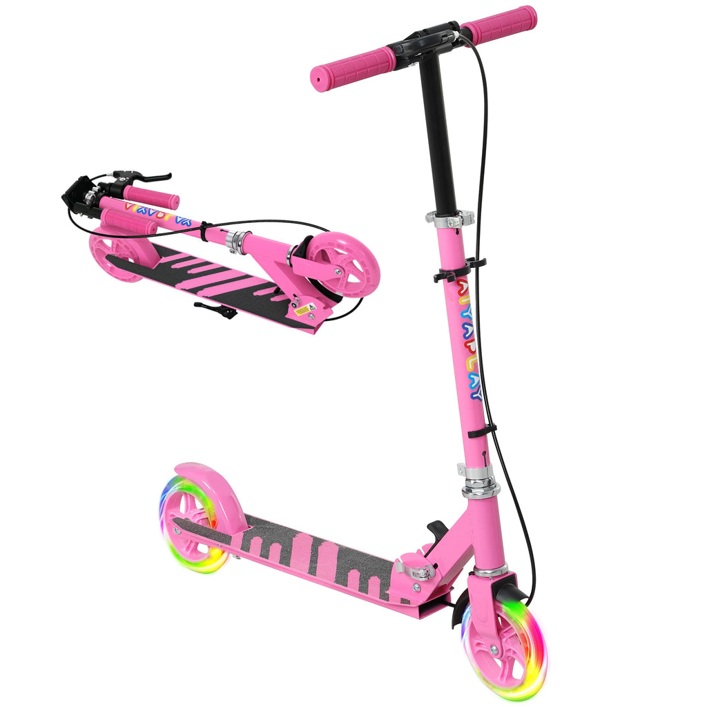 Kids folding kick scooter in pink with black handlebar and rainbow wheels