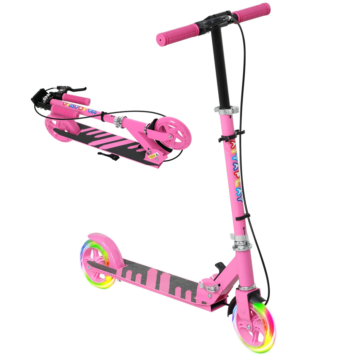 Kids folding kick scooter in pink with black handlebar and rainbow wheels