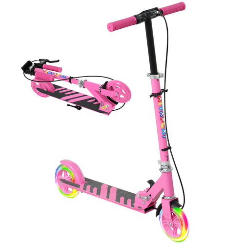 Kids folding kick scooter in pink with black handlebar and rainbow wheels