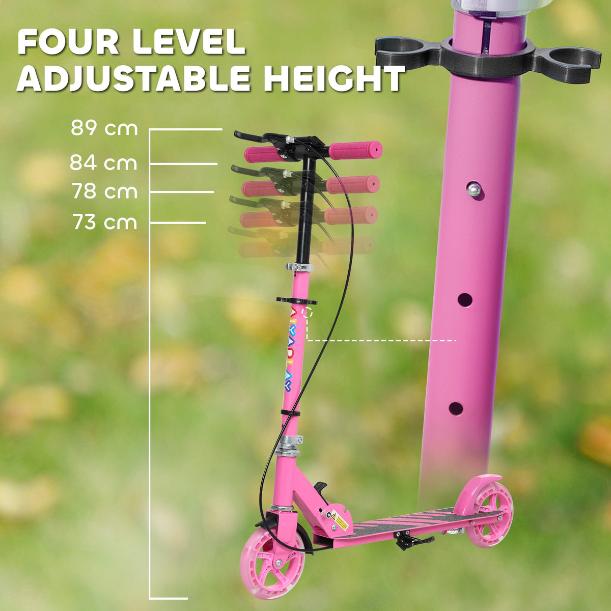 Pink kids folding kick scooter with height-adjustable handle and rainbow wheels