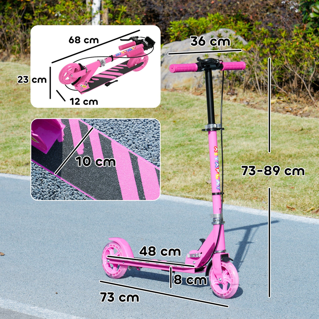 Kids folding kick scooter with adjustable handle, pink deck and wheels