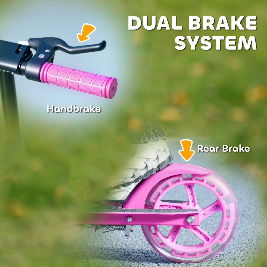 Kids kick scooter dual brake system: front handbrake and rear brake, pink handle