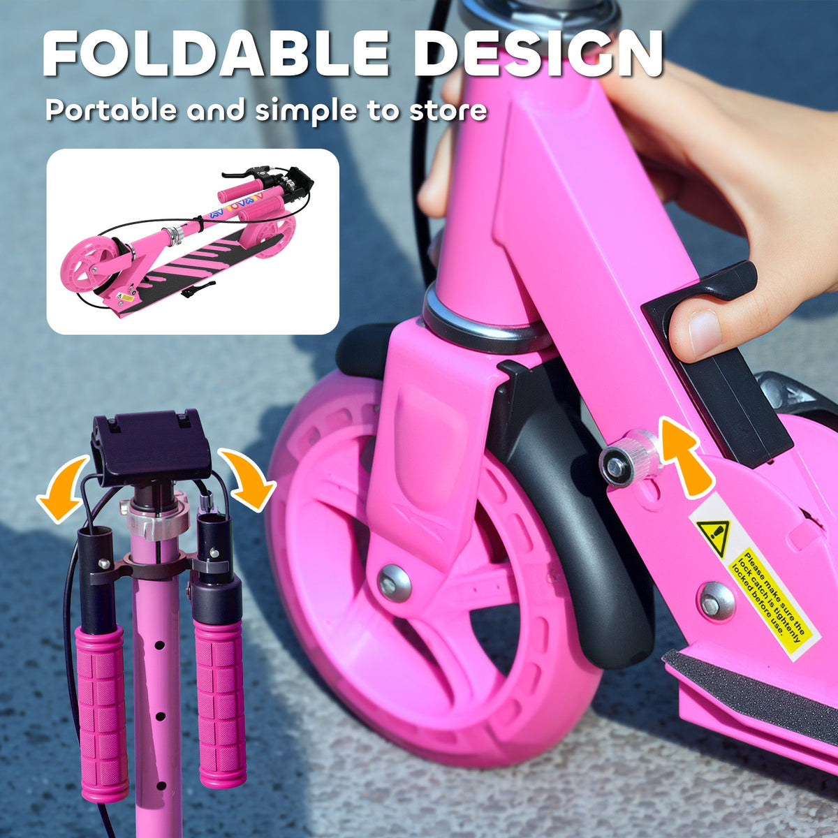 Kids folding kick scooter folding latch detail with pink front wheel and black stem
