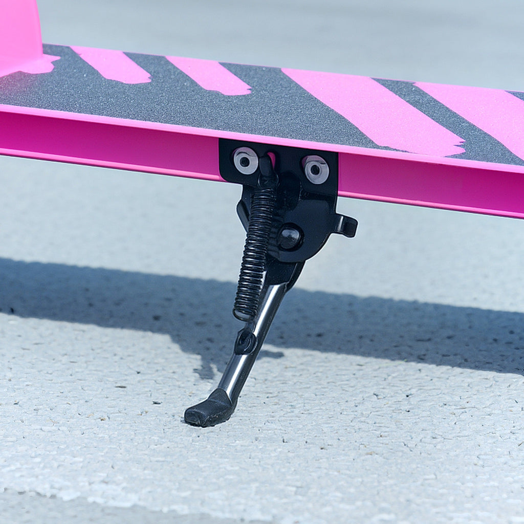 Kids kick scooter kickstand and rear wheel suspension spring, pink frame and footrest