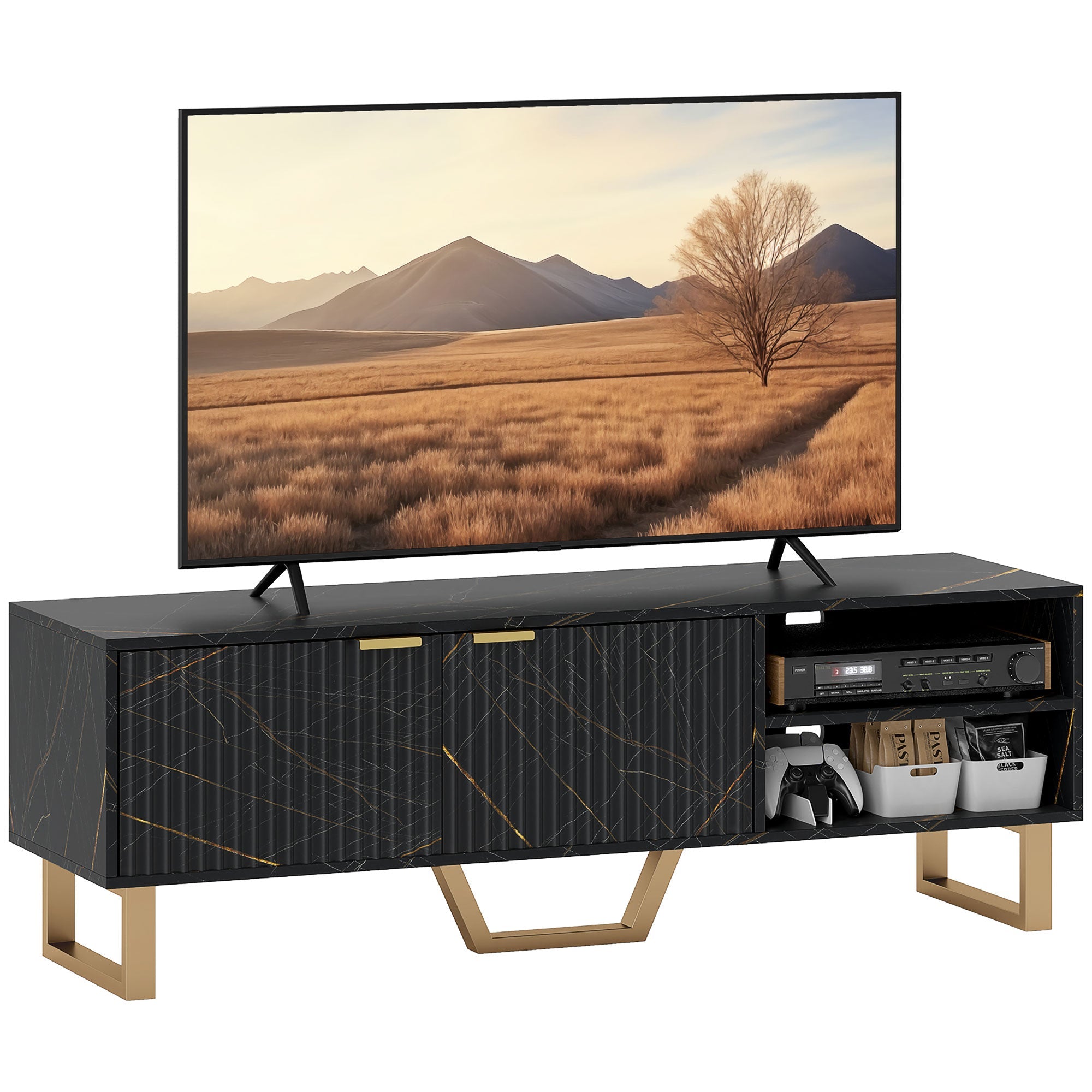 Black TV stand cabinet with open shelves and storage cupboard, fluted door panels