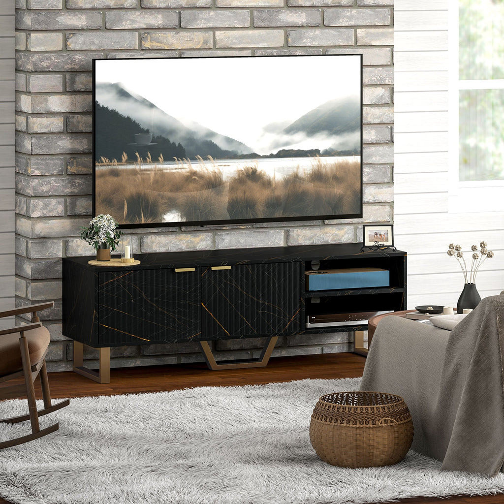 Black TV stand cabinet with two-door storage, lower media shelf, and sturdy legs.