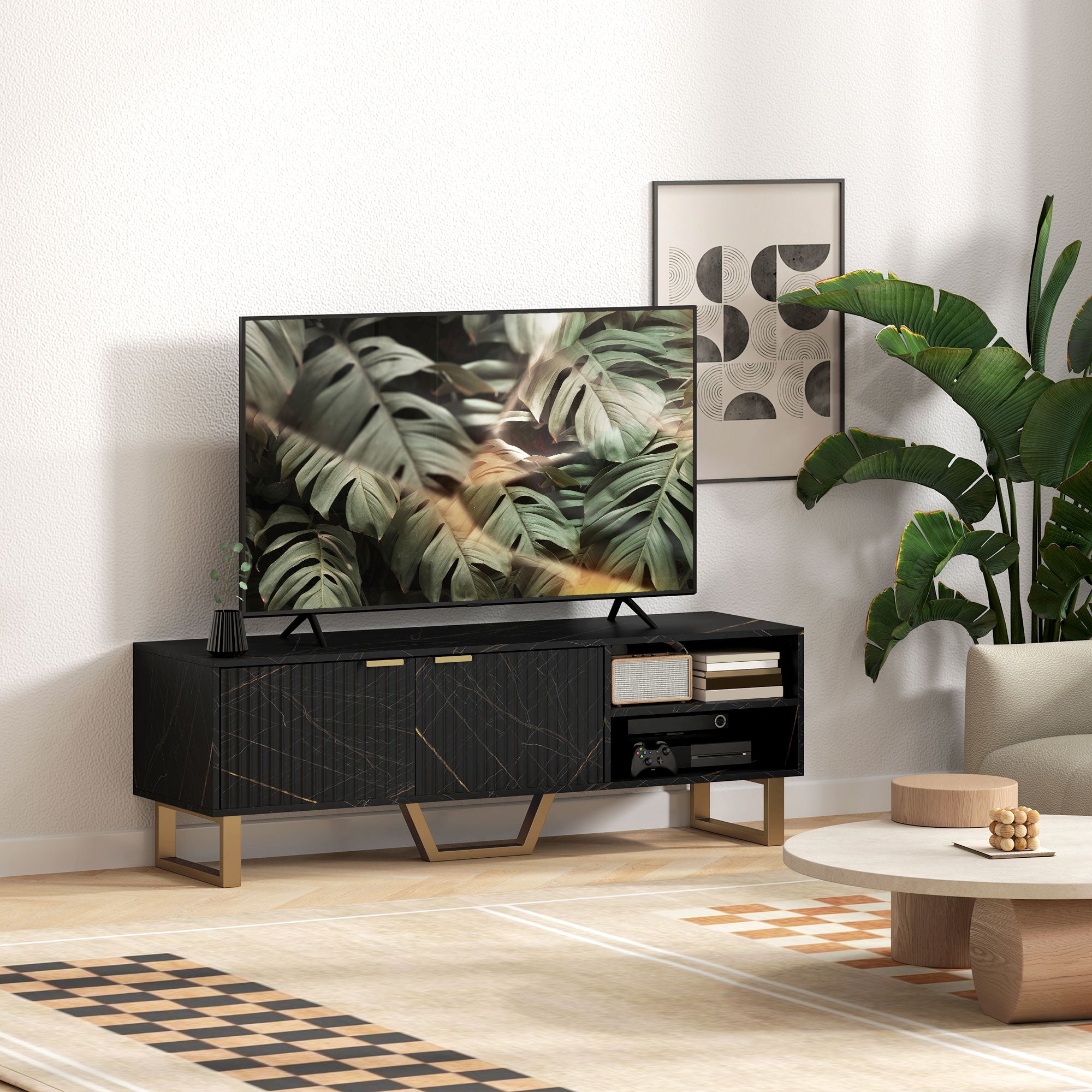 Black TV stand cabinet with side storage doors, center media shelf, and patterned front.