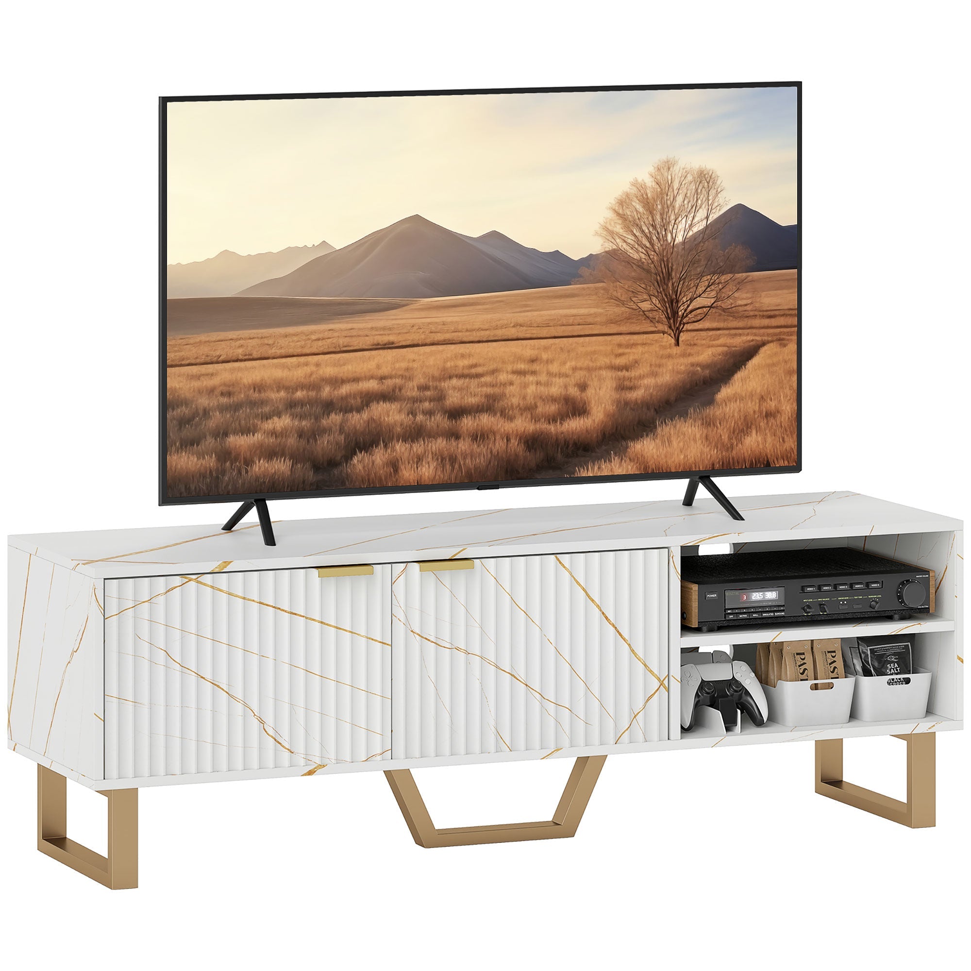 White TV stand cabinet with open shelves and storage cupboard, fluted door panels