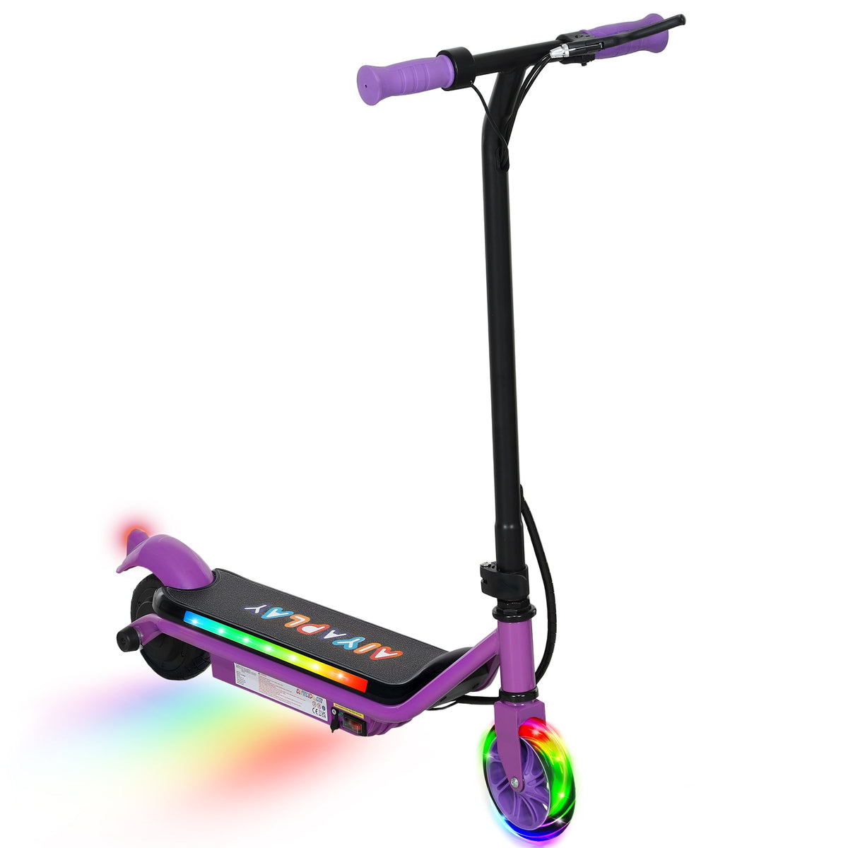 Kids electric scooter with purple frame, black handlebar, and colorful LED deck lights