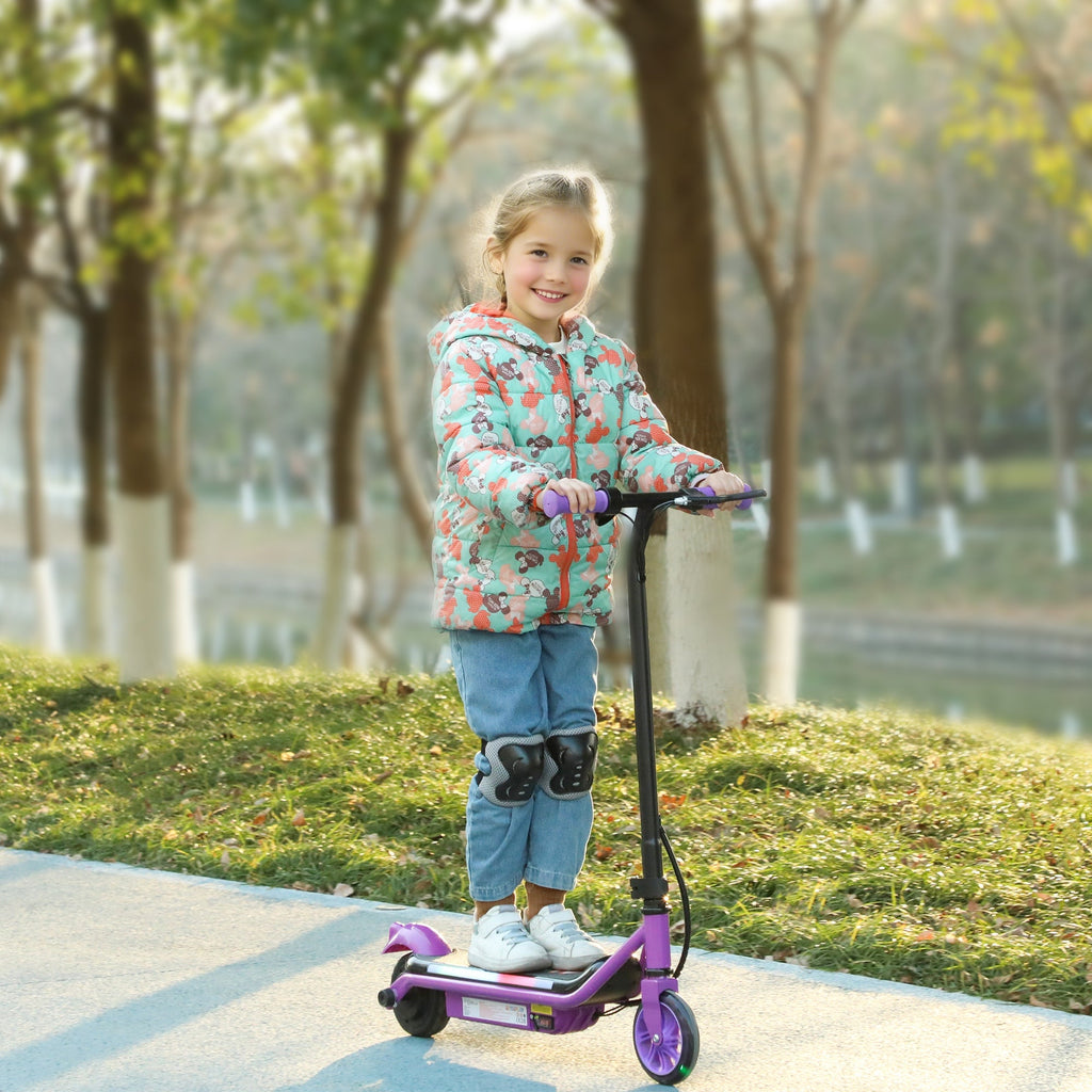 Purple electric scooter with foot deck and front wheel