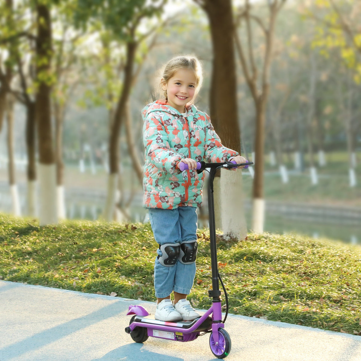 Purple electric scooter with foot deck and front wheel