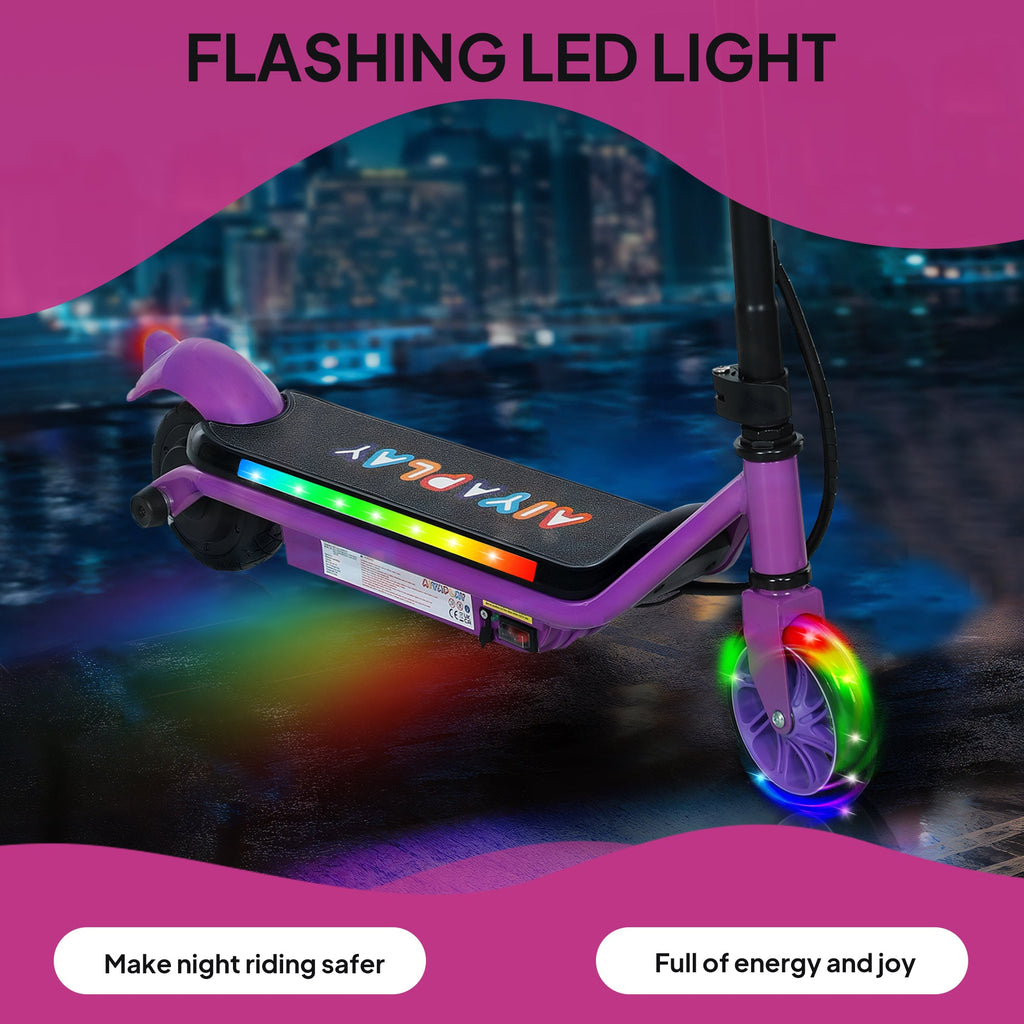 Purple electric scooter with flashing LED light strip and glowing front wheel