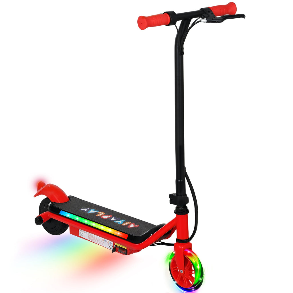 Kids electric scooter with red frame, black handlebar, and colorful LED deck lights