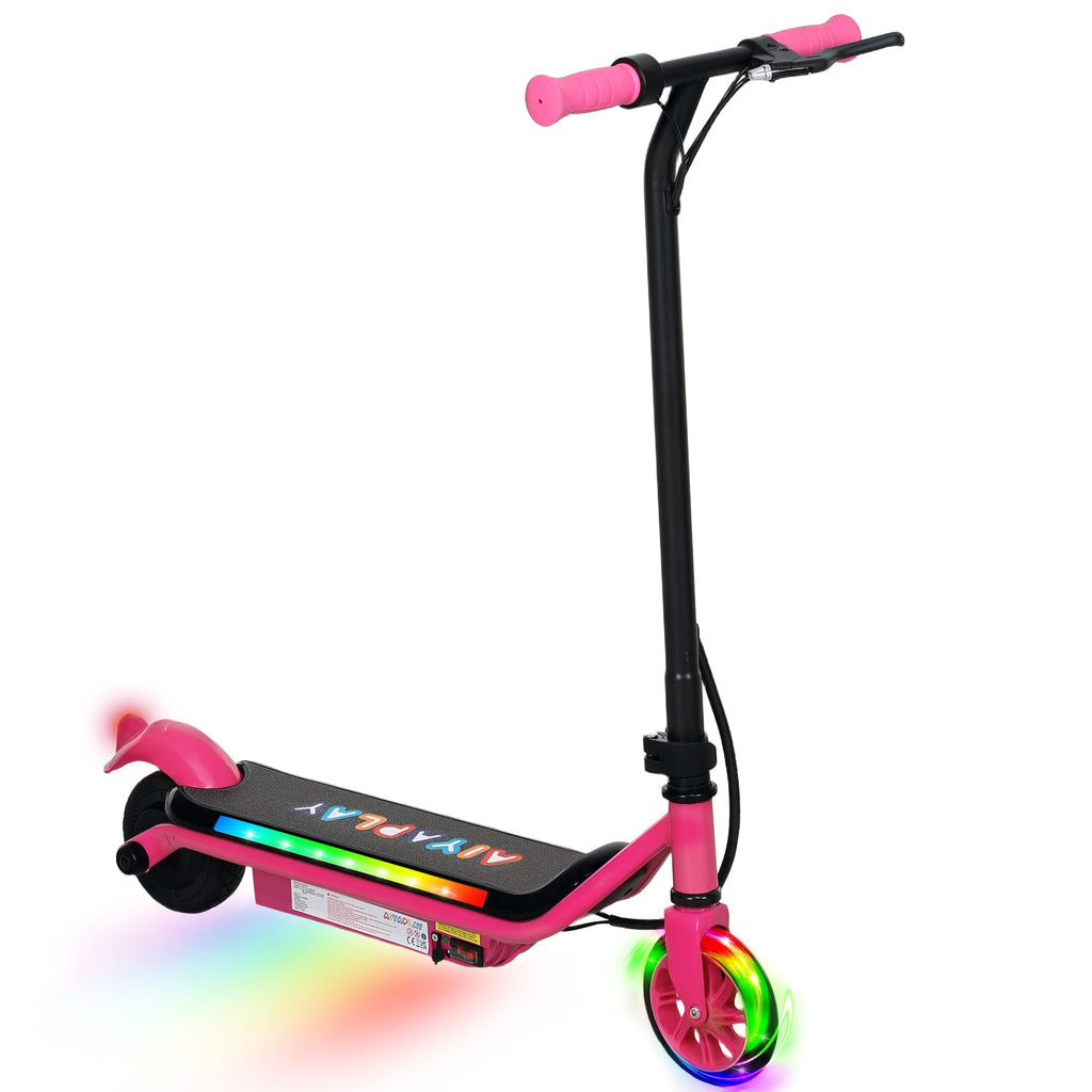 Kids electric scooter with pink frame, black handlebar, and colorful LED deck lights