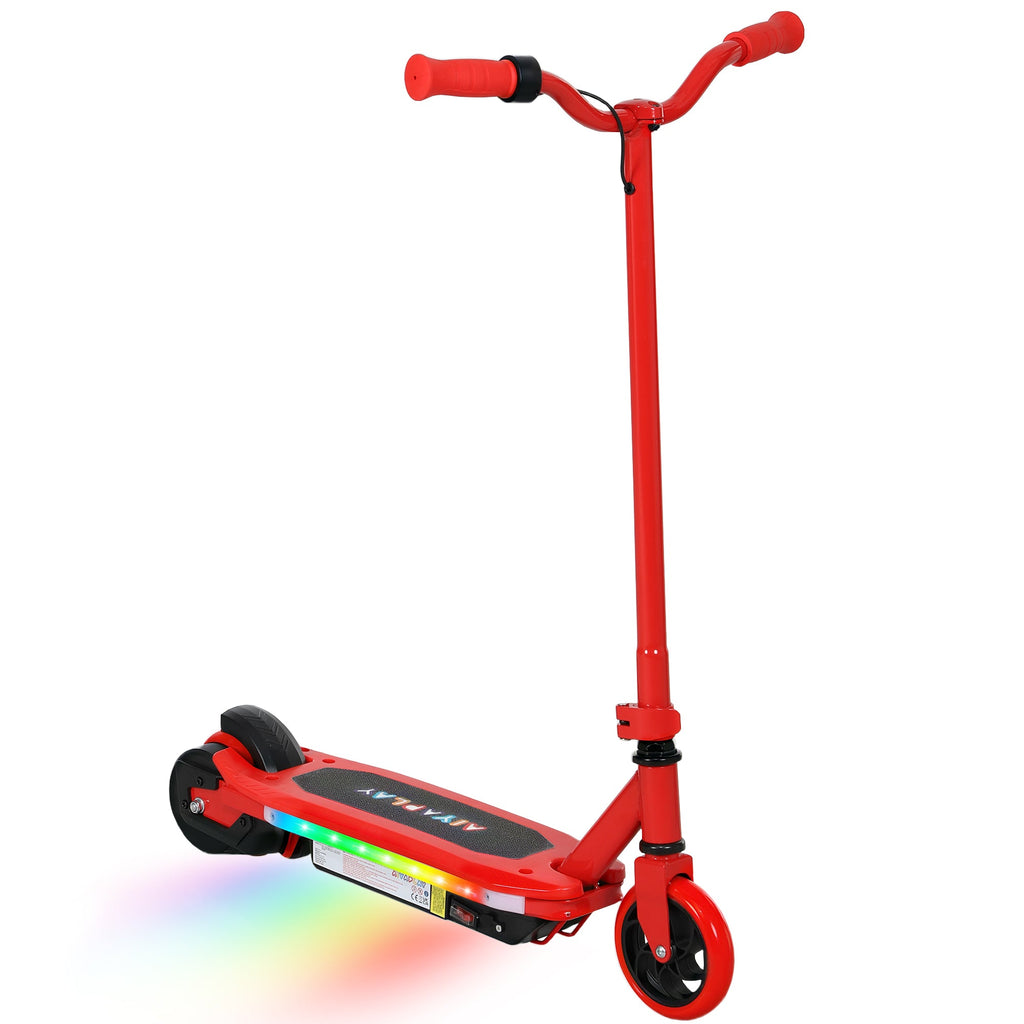 Red electric scooter with LED deck lights, black grips, and front caster-style wheel