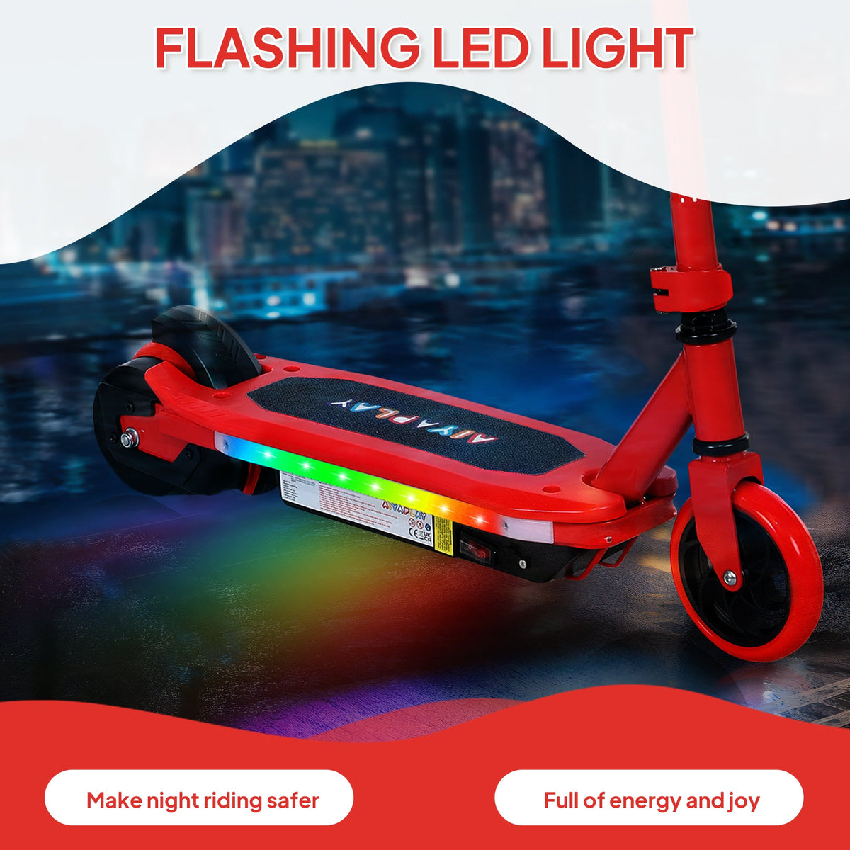 Red electric scooter with flashing LED light strip along the deck