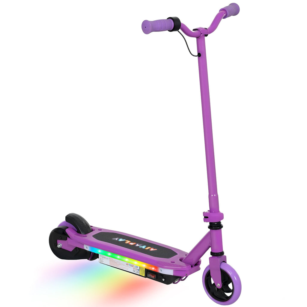 Purple electric scooter with LED deck lights and black rear fender with dual wheels