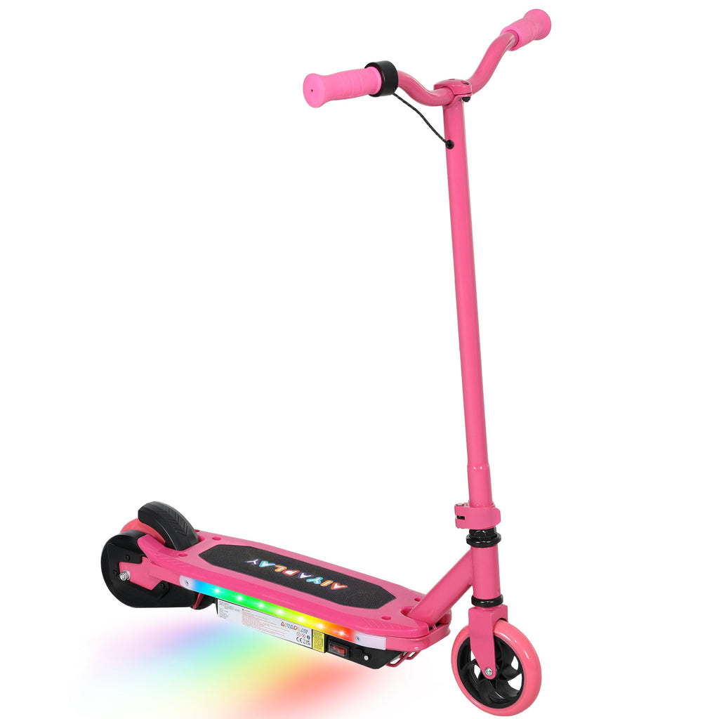 Pink electric scooter for kids with LED light strip on the deck and two front wheels