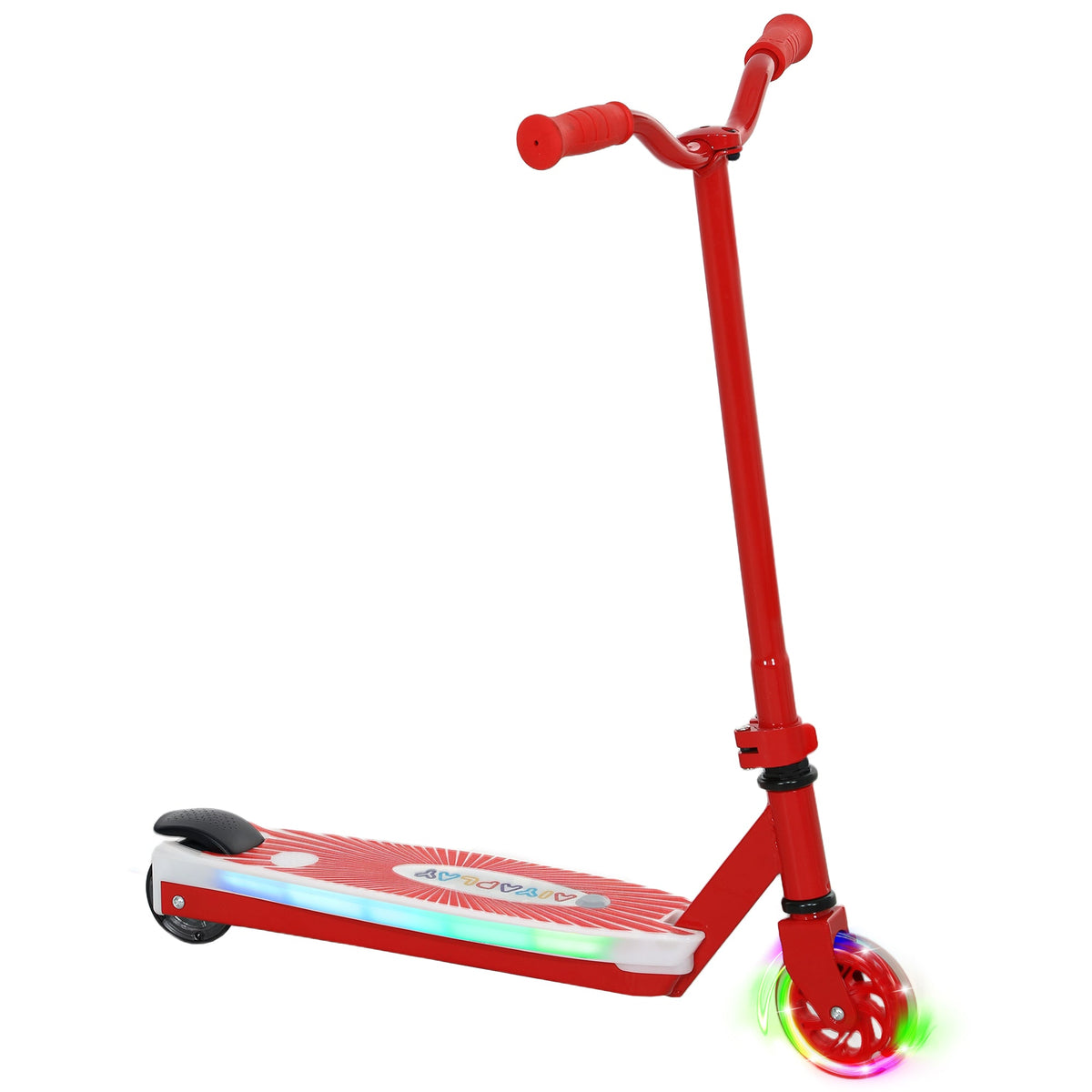 Red electric kids scooter with front wheel, black seat pad, and light-up wheels