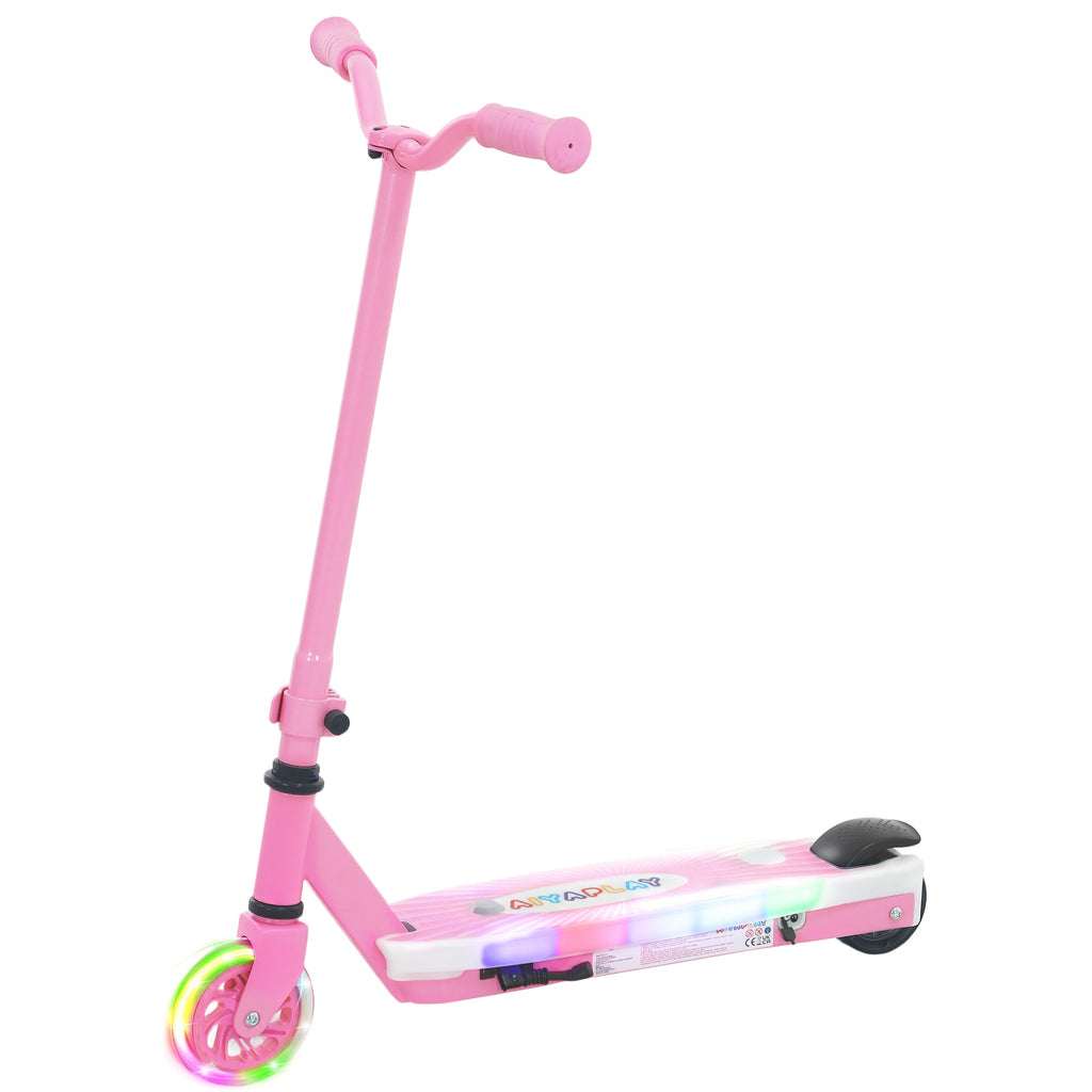 Pink electric kids scooter with handlebar, front wheel, and light-up accents