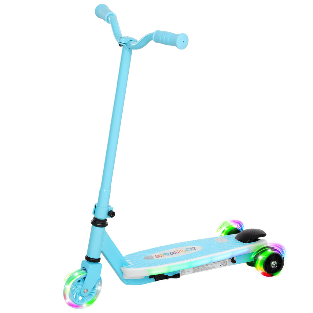 Blue electric kids scooter with handlebar, front wheel, and light-up trim