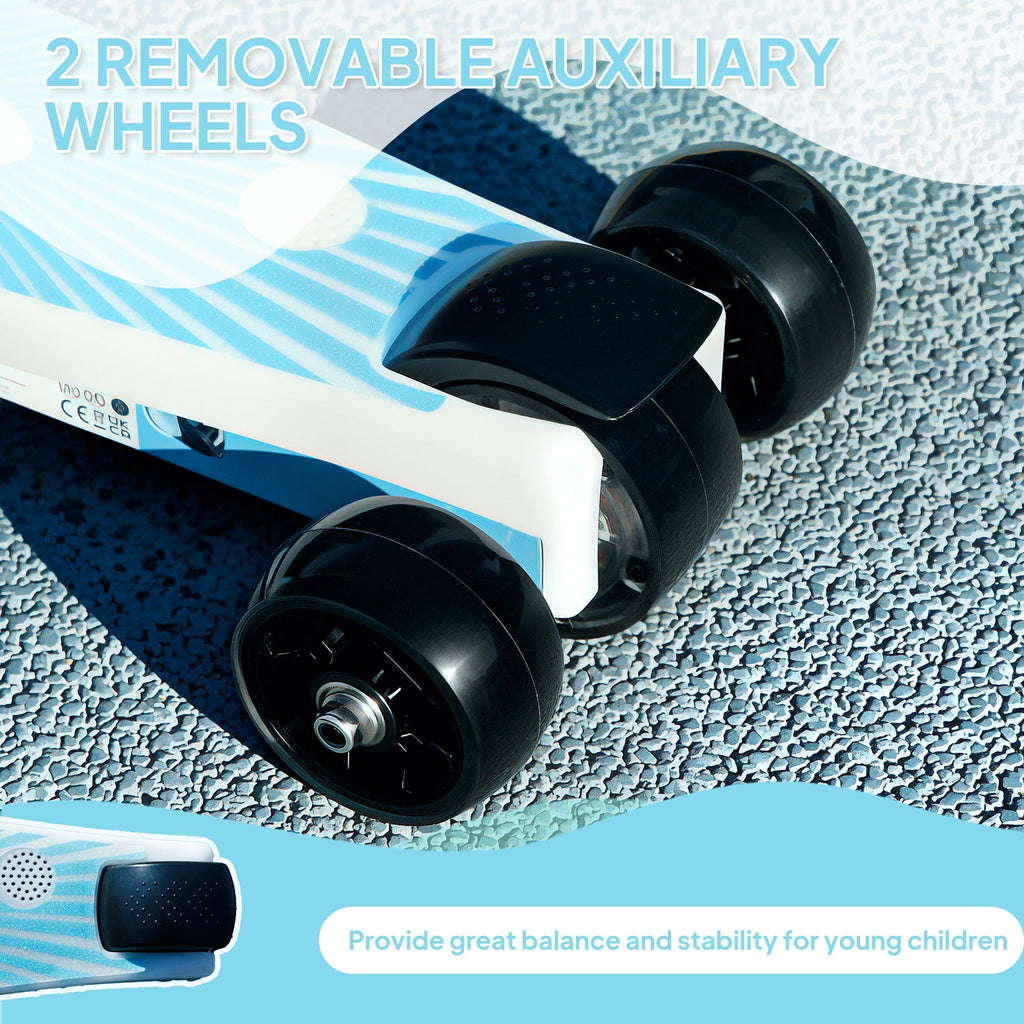 Kids electric scooter with auxiliary rear wheels, blue deck and black wheel set